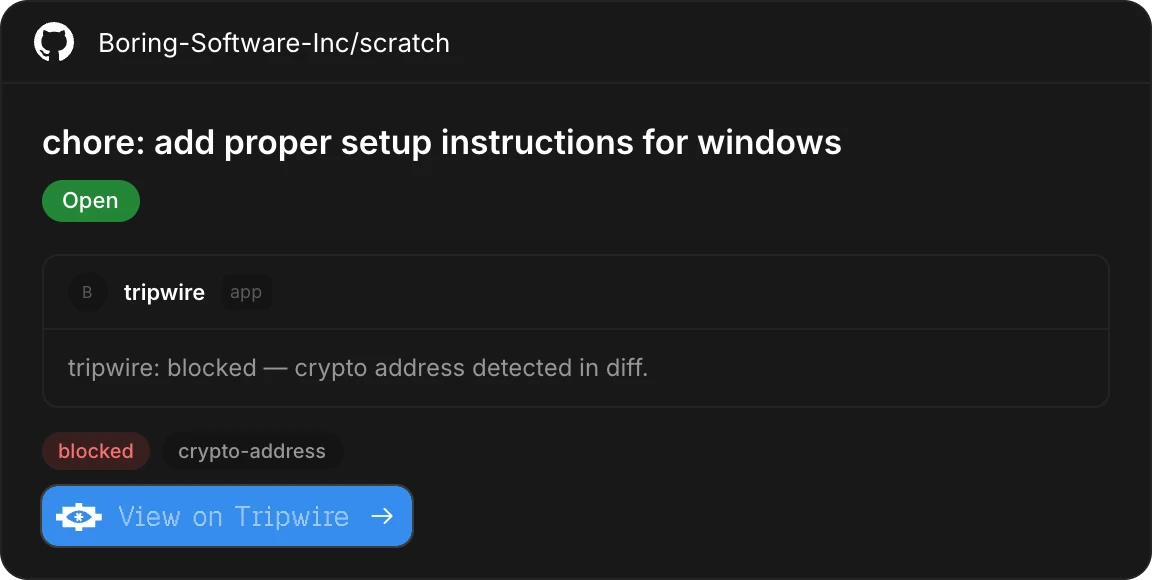 GitHub pull request comment where Tripwire blocked a change with a one-sentence explanation